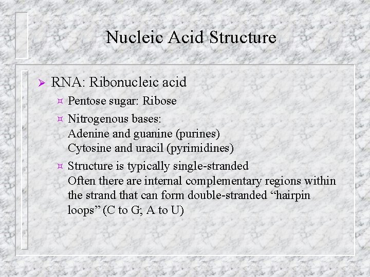 Nucleic Acid Structure Ø RNA: Ribonucleic acid Pentose sugar: Ribose ³ Nitrogenous bases: Adenine