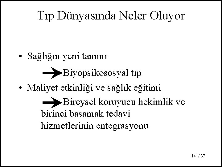 Tıp Dünyasında Neler Oluyor • Sağlığın yeni tanımı Biyopsikososyal tıp • Maliyet etkinliği ve