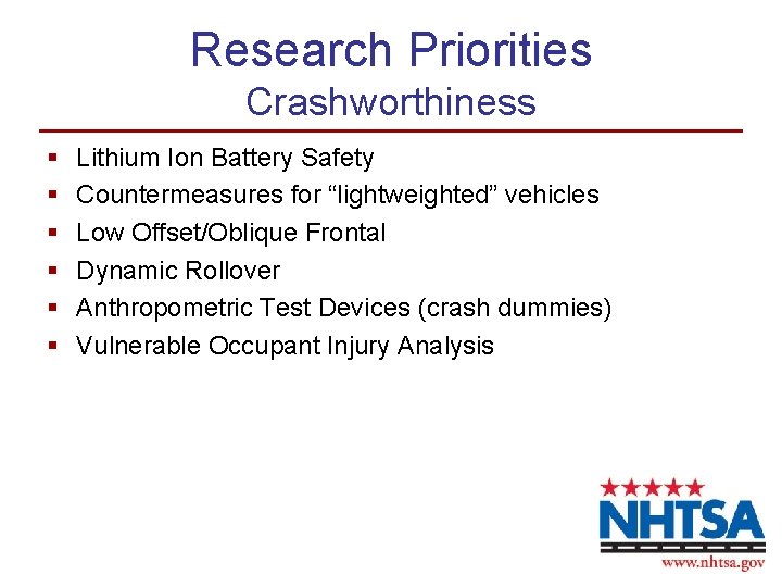 Research Priorities Crashworthiness § § § Lithium Ion Battery Safety Countermeasures for “lightweighted” vehicles