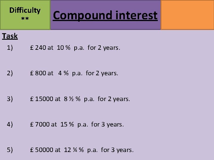 Difficulty ** Compound interest Task 1) £ 240 at 10 % p. a. for