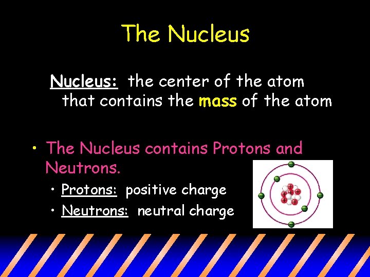 The Nucleus: the center of the atom that contains the mass of the atom