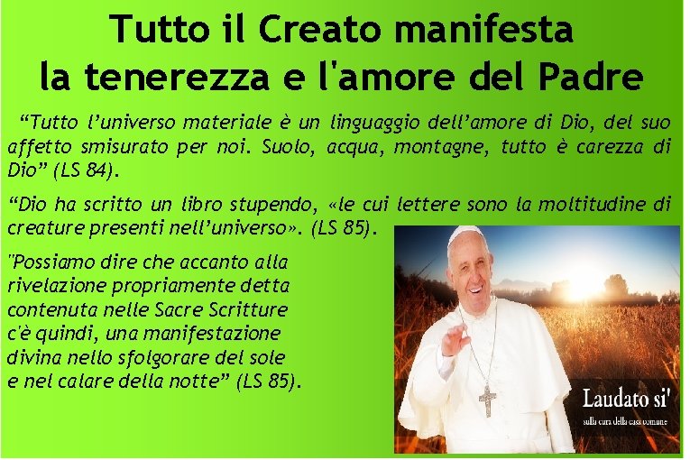 Tutto il Creato manifesta la tenerezza e l'amore del Padre “Tutto l’universo materiale è