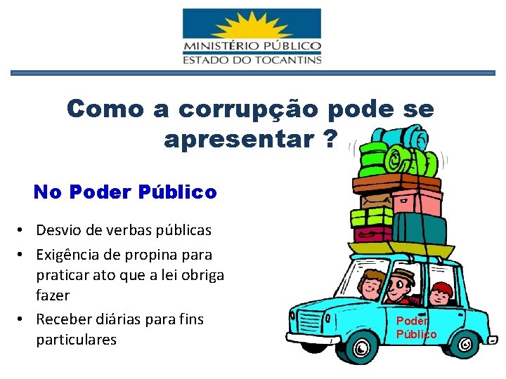 Como a corrupção pode se apresentar ? No Poder Público • Desvio de verbas