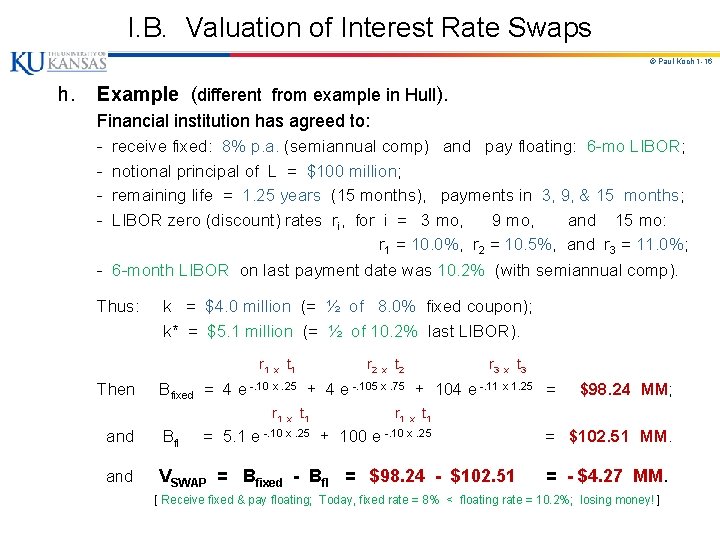 I. B. Valuation of Interest Rate Swaps © Paul Koch 1 -16 h. Example