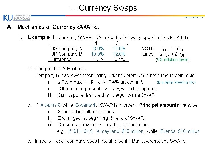 II. Currency Swaps © Paul Koch 1 -20 A. Mechanics of Currency SWAPS. 1.