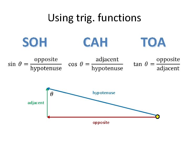 Using trig. functions SOH CAH hypotenuse adjacent opposite TOA 