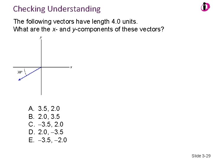 Checking Understanding The following vectors have length 4. 0 units. What are the x-