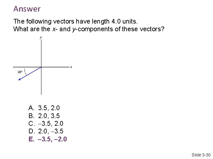 Answer The following vectors have length 4. 0 units. What are the x- and