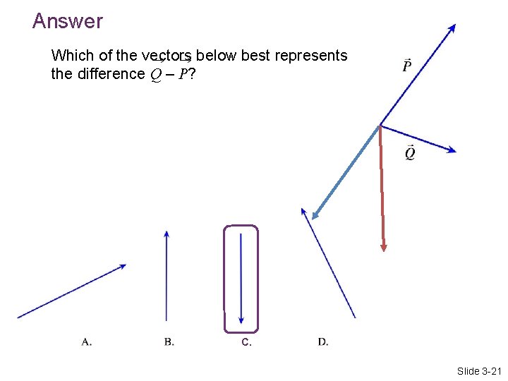 Answer Which of the vectors below best represents the difference Q – P? C.