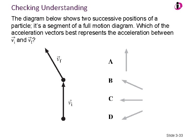 Checking Understanding The diagram below shows two successive positions of a particle; it’s a