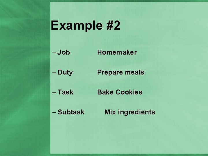 Example #2 – Job Homemaker – Duty Prepare meals – Task Bake Cookies –
