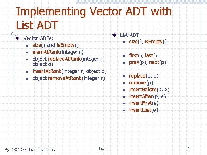 Implementing Vector ADT with List ADT Vector ADTs: n size() and is. Empty() n