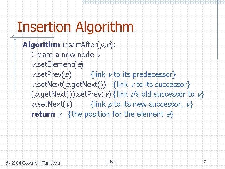 Insertion Algorithm insert. After(p, e): Create a new node v v. set. Element(e) v.