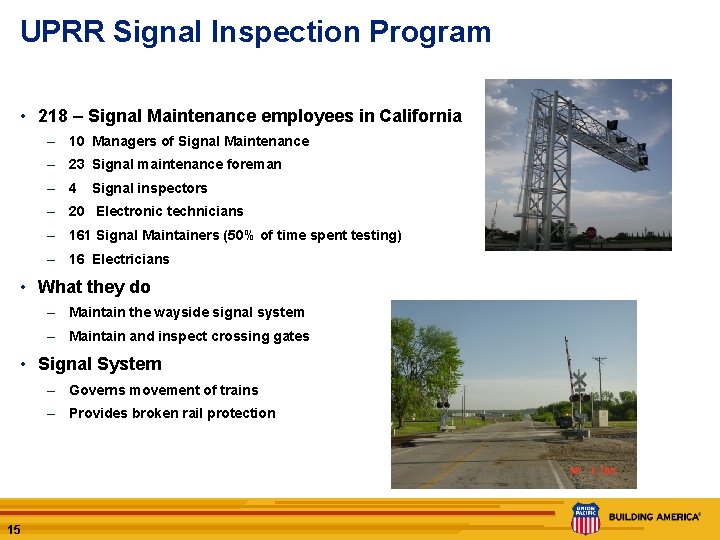 UPRR Signal Inspection Program • 218 – Signal Maintenance employees in California – 10
