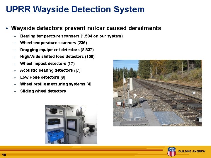 UPRR Wayside Detection System • Wayside detectors prevent railcar caused derailments – Bearing temperature