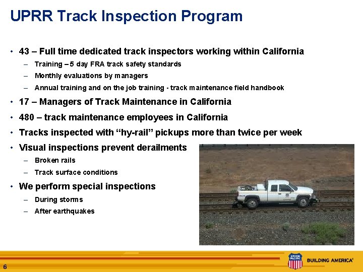 UPRR Track Inspection Program • 43 – Full time dedicated track inspectors working within