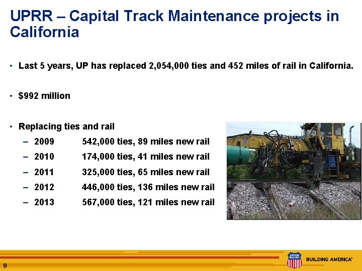 UPRR – Capital Track Maintenance projects in California • Last 5 years, UP has