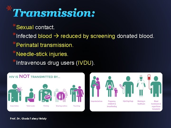 * Transmission: *Sexual contact. *Infected blood reduced by screening donated blood. *Perinatal transmission. *Needle-stick
