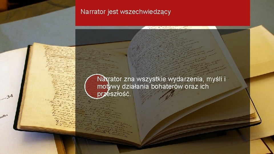 Narrator jest wszechwiedzący Narrator zna wszystkie wydarzenia, myśli i motywy działania bohaterów oraz ich