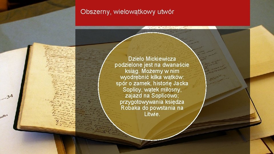 Obszerny, wielowątkowy utwór Dzieło Mickiewicza podzielone jest na dwanaście ksiąg. Możemy w nim wyodrębnić