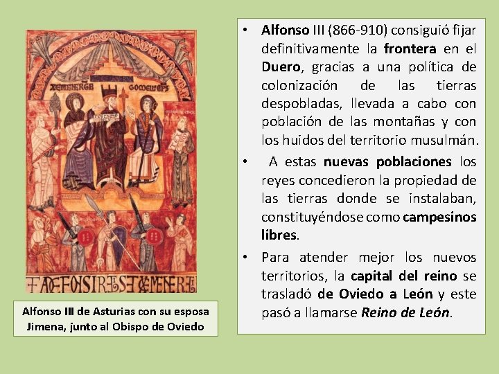 Alfonso III de Asturias con su esposa Jimena, junto al Obispo de Oviedo •