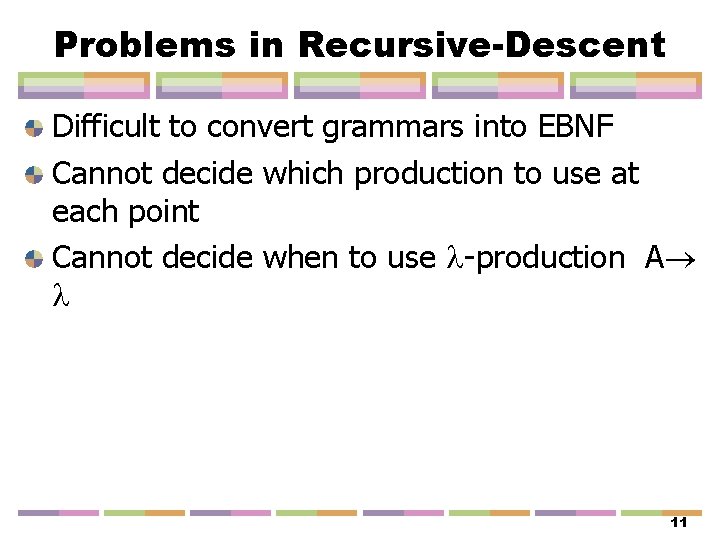 Problems in Recursive-Descent Difficult to convert grammars into EBNF Cannot decide which production to