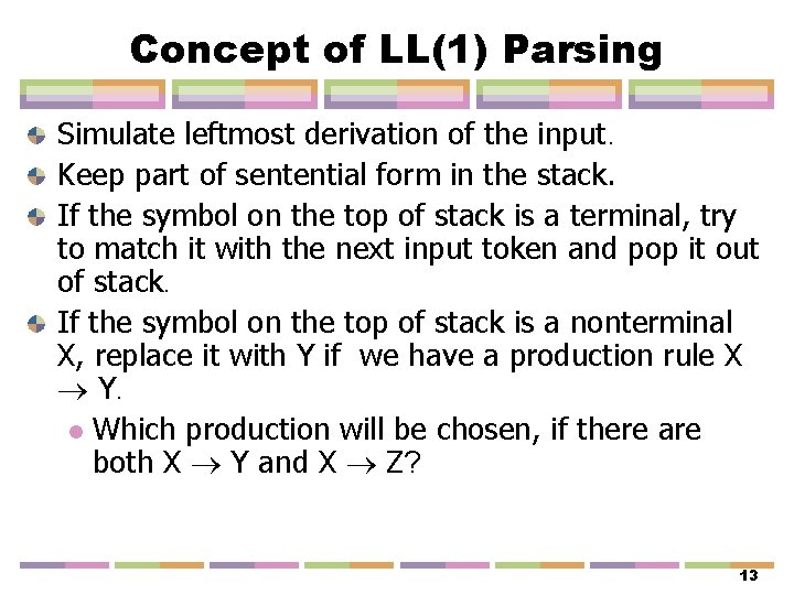 Concept of LL(1) Parsing Simulate leftmost derivation of the input. Keep part of sentential