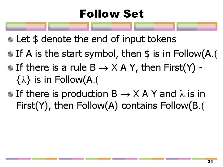 Follow Set Let $ denote the end of input tokens If A is the