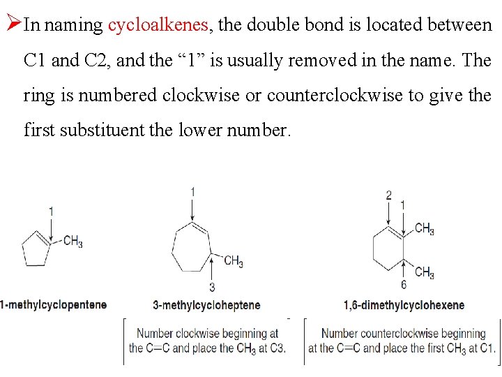 ØIn naming cycloalkenes, the double bond is located between C 1 and C 2,