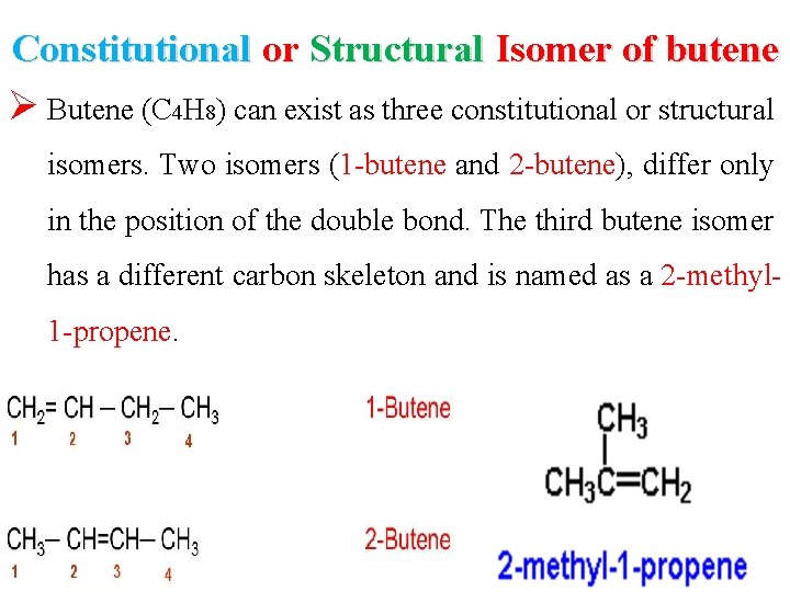 Constitutional or Structural Isomer of butene Ø Butene (C 4 H 8) can exist