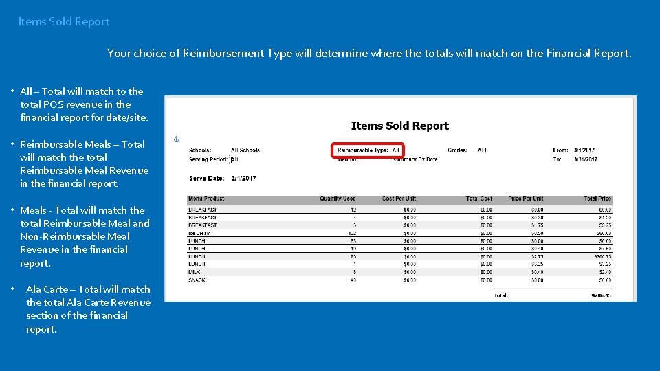 Items Sold Report Your choice of Reimbursement Type will determine where the totals will