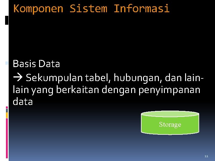 Komponen Sistem Informasi Basis Data Sekumpulan tabel, hubungan, dan lain yang berkaitan dengan penyimpanan