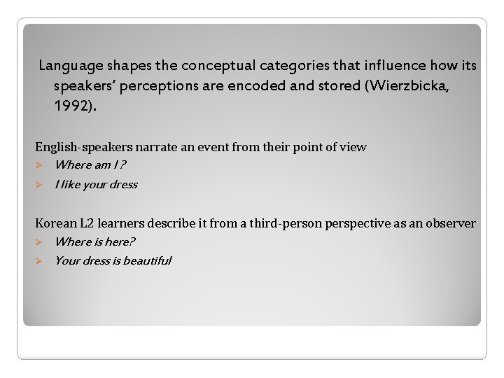 Language shapes the conceptual categories that influence how its speakers’ perceptions are encoded and Language shapes the conceptual categories that influence how its speakers’ perceptions are encoded and