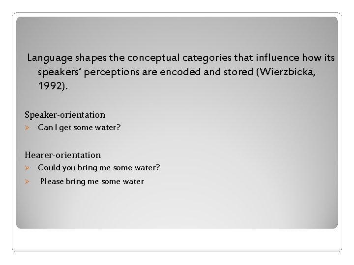 Language shapes the conceptual categories that influence how its speakers’ perceptions are encoded and Language shapes the conceptual categories that influence how its speakers’ perceptions are encoded and
