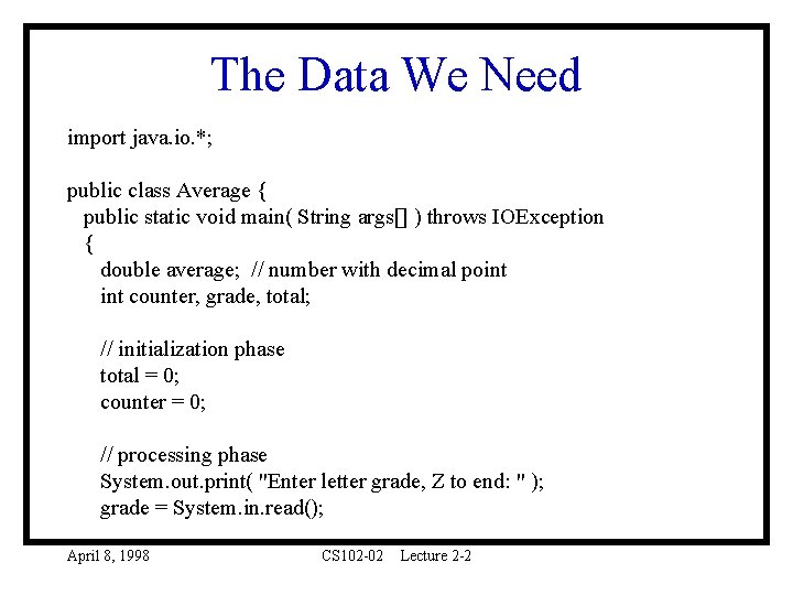 The Data We Need import java. io. *; public class Average { public static