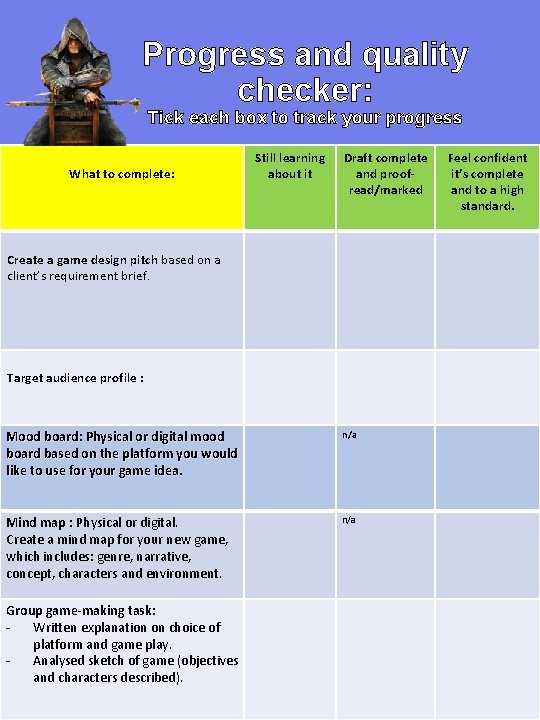 Progress and quality checker: Tick each box to track your progress What to complete: