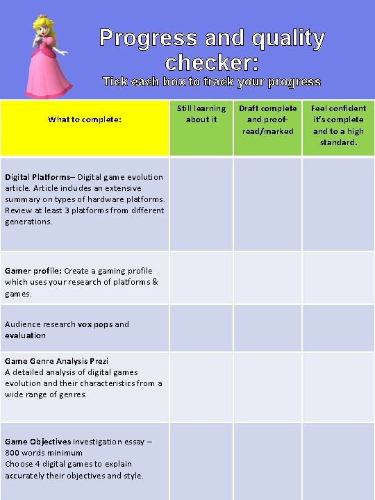 Progress and quality checker: Tick each box to track your progress What to complete: