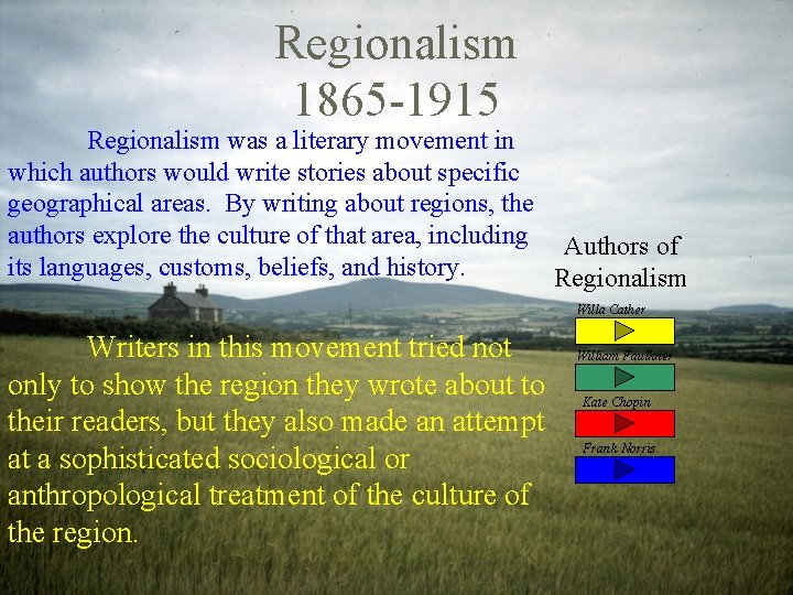 Regionalism 1865 -1915 Regionalism was a literary movement in which authors would write stories