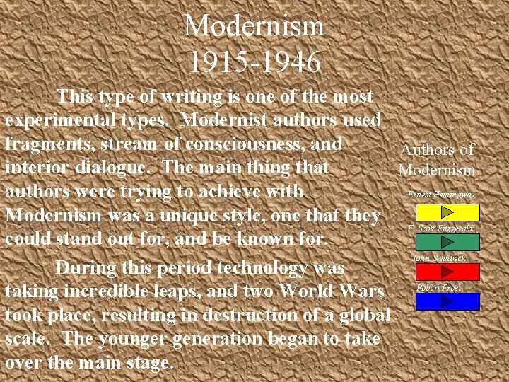 Modernism 1915 -1946 This type of writing is one of the most experimental types.