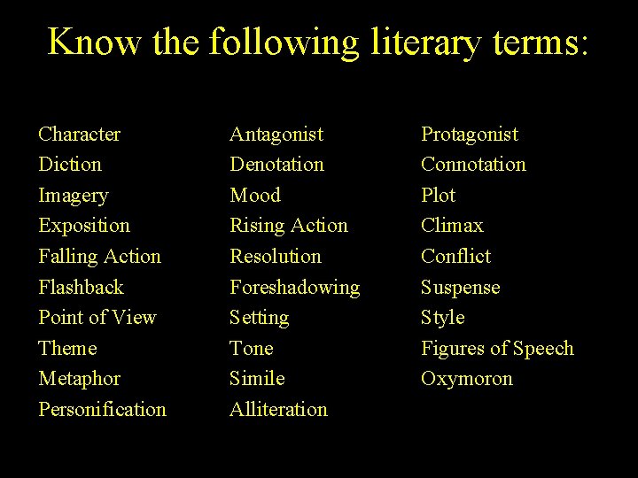 Know the following literary terms: Character Diction Imagery Exposition Falling Action Flashback Point of