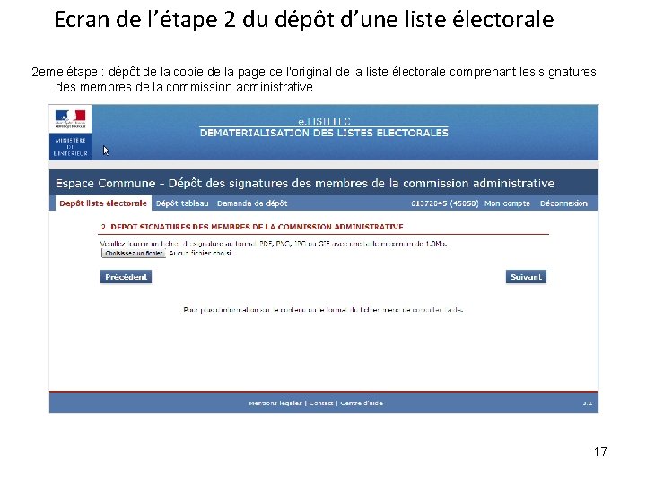 Ecran de l’étape 2 du dépôt d’une liste électorale 2 eme étape : dépôt