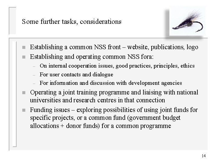 Some further tasks, considerations n n Establishing a common NSS front – website, publications,