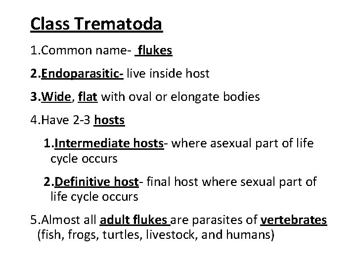 Class Trematoda 1. Common name- flukes 2. Endoparasitic- live inside host 3. Wide, flat