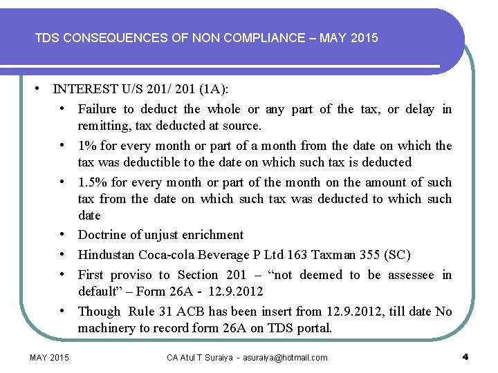 TDS CONSEQUENCES OF NON COMPLIANCE – MAY 2015 • INTEREST U/S 201/ 201 (1