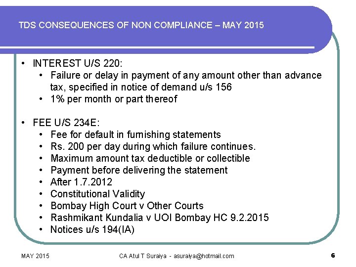 TDS CONSEQUENCES OF NON COMPLIANCE – MAY 2015 • INTEREST U/S 220: • Failure