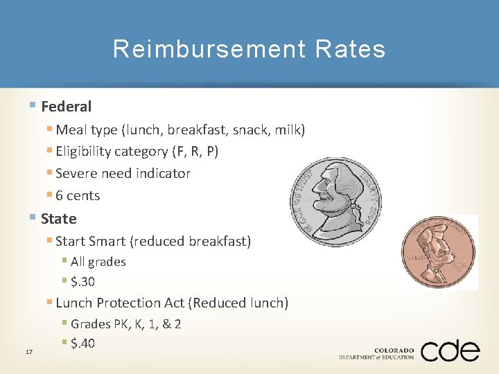 Reimbursement Rates § Federal § Meal type (lunch, breakfast, snack, milk) § Eligibility category