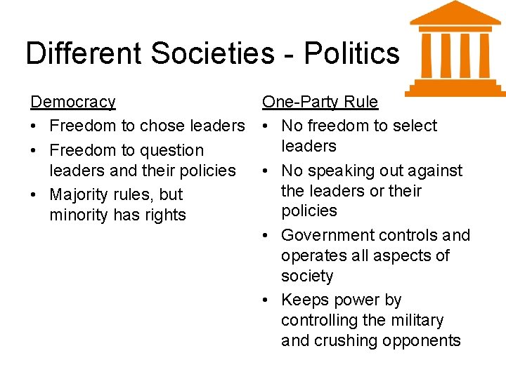 Different Societies - Politics Democracy • Freedom to chose leaders • Freedom to question