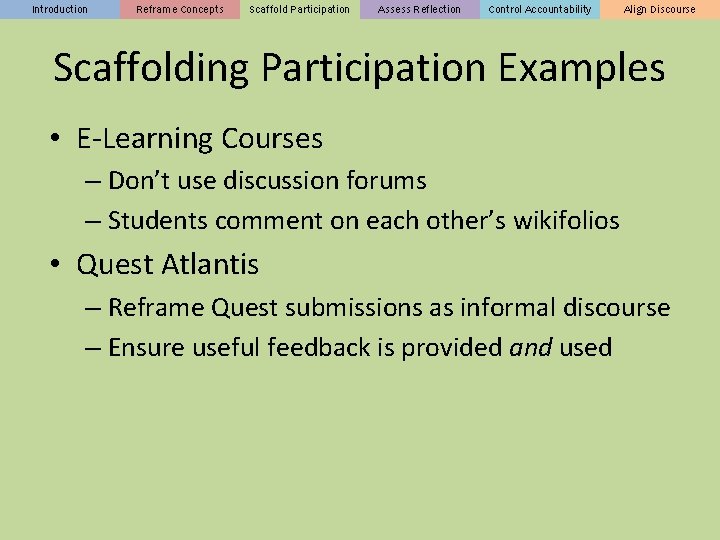 Introduction Reframe Concepts Scaffold Participation Assess Reflection Control Accountability Align Discourse Scaffolding Participation Examples