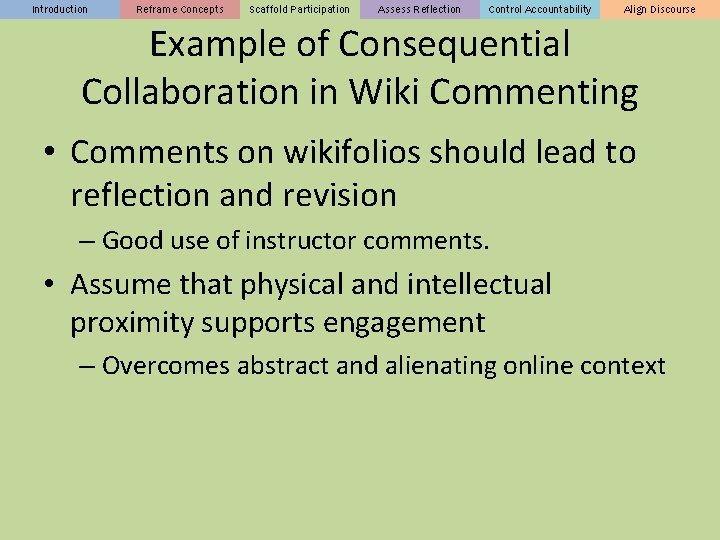 Introduction Reframe Concepts Scaffold Participation Assess Reflection Control Accountability Align Discourse Example of Consequential