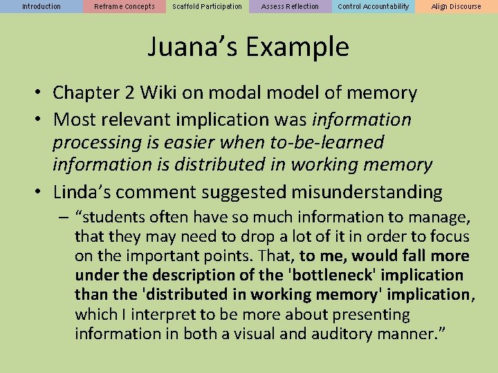 Introduction Reframe Concepts Scaffold Participation Assess Reflection Control Accountability Align Discourse Juana’s Example •